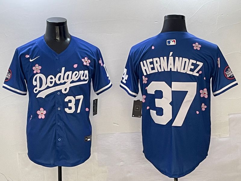 Men Los Angeles Dodgers 37 Hernandez Blue Sakura Edition 2025 Nike MLB Jersey style 4